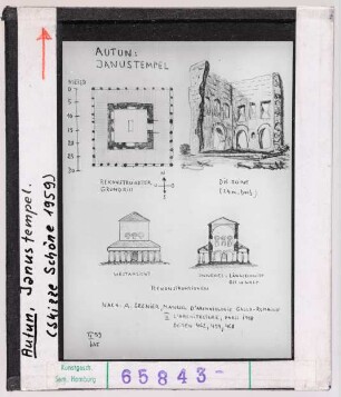 Autun: Janus-Tempel, Grundriss, Rekonstrukionen, Skizzen Wolfgang Schöne 1959