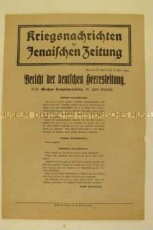 Nachrichtenblatt der "Jenaischen Zeitung" zum deutsch-österreichischen Vormarsch im Südosten