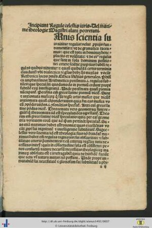 Incipiunt Regule celestis iuris. Vel maxime theologie Magistri alani porretani.