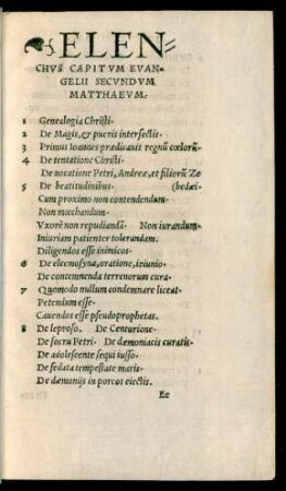 Elenchus Capitum Evangelii Secundum Matthaeum.