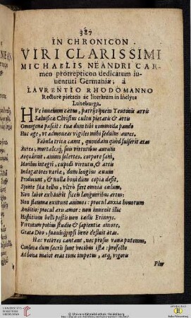 In Chronicon viri clarissimi Michaelis Neandri Carmen protrepticon dedicatum […]