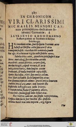 In Chronicon viri clarissimi Michaelis Neandri Carmen protrepticon dedicatum […]