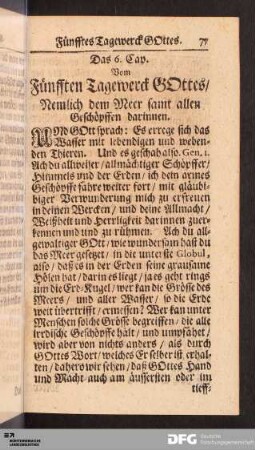 Das 6. Cap. Vom Fünfften Tagewerck GOttes/ Nemlich dem Meer samt allen Geschöpffen darinnen.