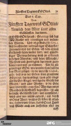 Das 6. Cap. Vom Fünfften Tagewerck GOttes/ Nemlich dem Meer samt allen Geschöpffen darinnen.