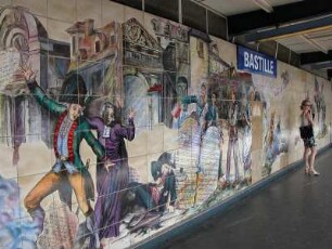 Oberirdische Metrostation Bastille mit Bildern, die das geschichtliche Ereignis 1789 des Strums auf die Bastille darstellen