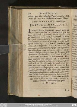 Epistola LXXXIX. Mediolanum. Io. Baptistae Sacco, V. C. Senatui à - Secretis.