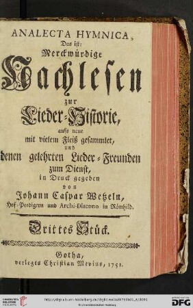 Band 1,3: Analecta Hymnica: Das ist: Merckwürdige Nachlesen zur Lieder-Historie