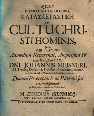 Diss. theol. kataskeuastikē de cultu Christi hominis