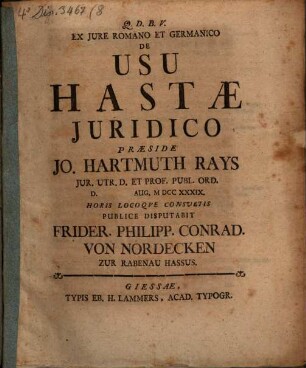 Ex jure Romano et Germanico de usu hastae iuridico