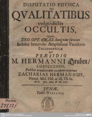 Disputatio Physica De Qualitatibus vulgo dictis Occultis