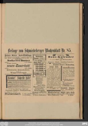Schmiedeberger Wochenblatt, Beilage zum Schmiedeberger Wochenblatt Nr. 85.
