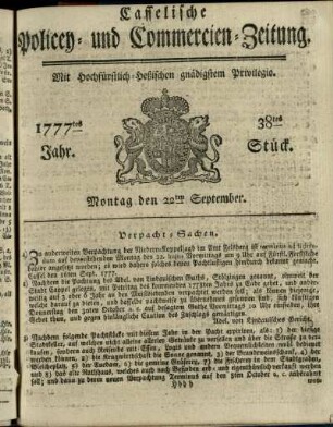 38tes Stueck, Montag den 22ten September 1777