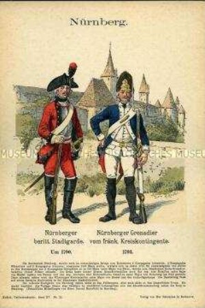 Uniformdarstellung, Reiter der Stadtgarde und Grenadier, Reichsstadt Nürnberg, 1790/1793.
