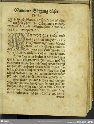 Leichenpredigt : Gemeiner Eingang dieser Predigt. Textus