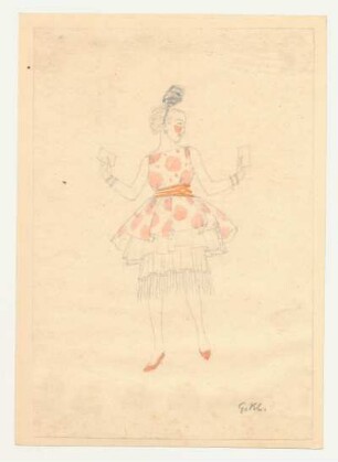 Figurine Frauenkleid : Petticoat-Kleid mit längerem Unterrrock, Pumps, Haarreif mit Federbusch; Blatt montiert; signiert