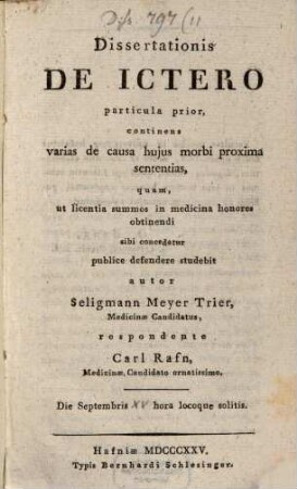 Dissertationis de ictero particula ..., Particula Prior. Continens varias de causa huius morbi proxima sententias