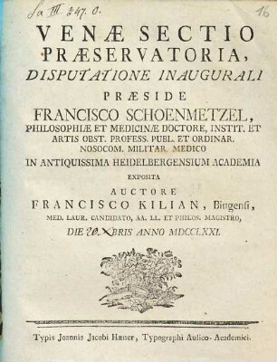 Venae sectio praeservatoria, disputatione inaugurali