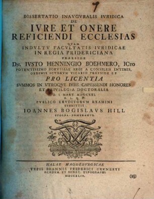 Diss. inaug. iur. de iure et onere reficiendi ecclesias