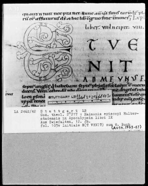 Haimonis in Apocalypsin libri 9 — Initiale E(t venit), Folio 103verso