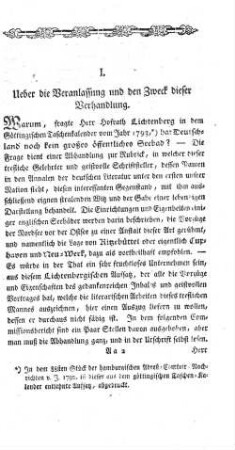 I. Ueber die Veranlassung und den Zweck dieser Verhandlung.