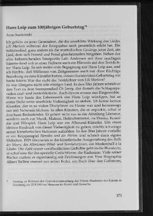 Hans Leip zum 100jährigen Geburtstag