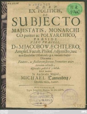 Ex Politicis, De Subiecto Maiestatis, Monarchico pariter ac Polyarchico