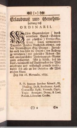 Erlaubnuß und Genehmhaltung deß Ordinarii.