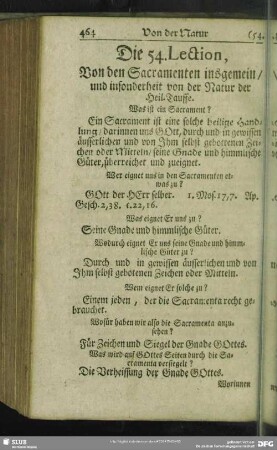 Die 54. Lection, Von den Sacramenten insgemein, und insonderheit von der Natur der Heil. Tauffe
