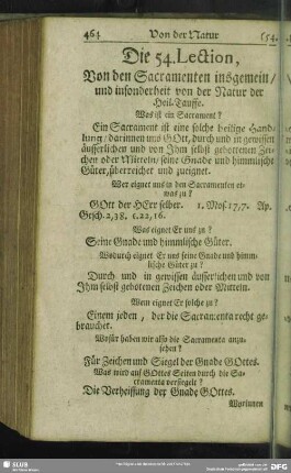 Die 54. Lection, Von den Sacramenten insgemein, und insonderheit von der Natur der Heil. Tauffe
