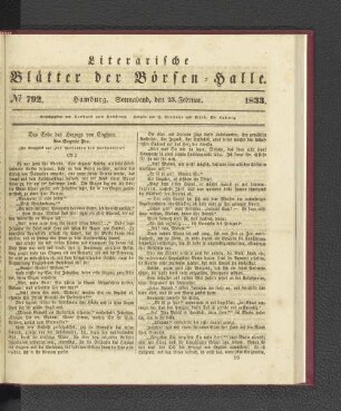 No. 792. Hamburg. Sonnabend, den 23. Februar. 1833.