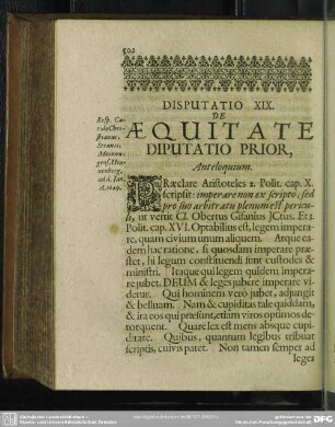 Disputatio XIX. De Aequitate Di[s]putatio Prior
