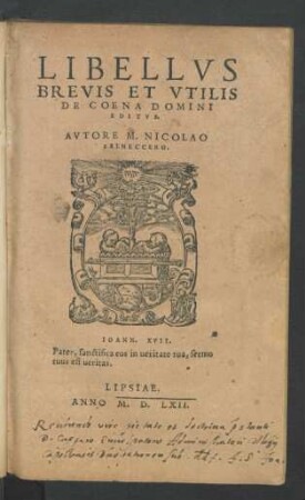 LIBELLVS || BREVIS ET VTILIS || DE COENA DOMINI || EDITVS.|| AVTORE M. NICOLAO || SELNECCERO.|| ... ||