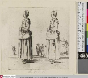 [Zwei Darstellungen einer jungen Bäuerin mit vor dem Bauch gefalteten Händen im Profil nach links nebeneinander, ausgeführt und als Strichzeichnung; Deux figures...]