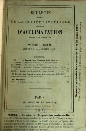 Bulletin mensuel de la Société Imperiale Zoologique d'Acclimatation. 4. 1867