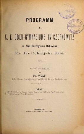 Programm des K.K. Ober-Gymnasiums in Czernowitz in dem Herzogthum Bukowina : veröffentlicht am Schlusse des Schuljahres .... 1884