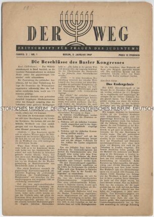 Wochenzeitschrift „Der Weg. Zeitschrift für Fragen des Judentums“ u.a. zu Beschlüssen des Basler Kongresses