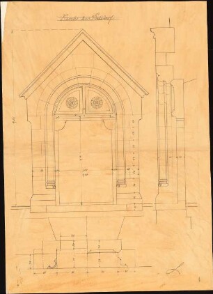Kirche, Belsdorf: Portal in Ansicht, Grundriss, Schnitt 1:10
