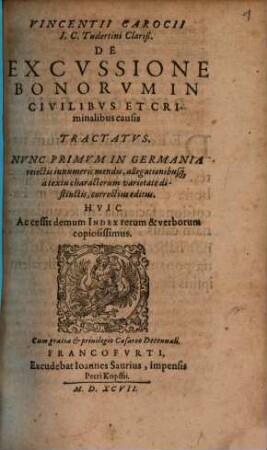 Vincentii Carocii I.c. Tudertini Clariß. De Excussione Bonorum In Civilibus Et Criminalibus Causis Tractatus