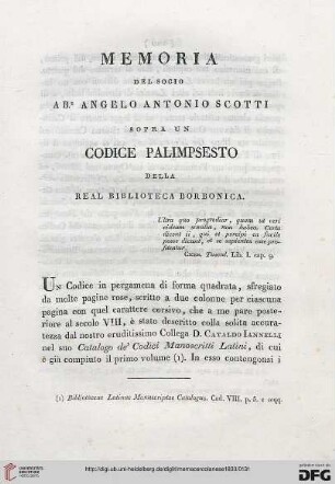 2: Memoria sopra un codice palimpsesto della Real Biblioteca Borbonica