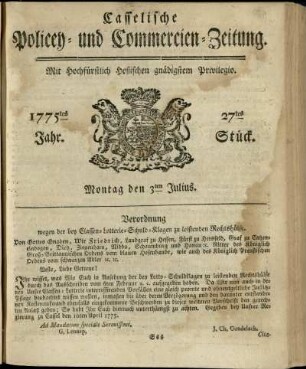 27tes Stueck, Montag den 3ten Julius 1775