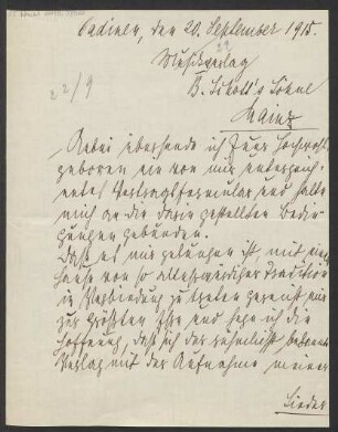 Brief an B. Schott's Söhne : 20.09.1915
