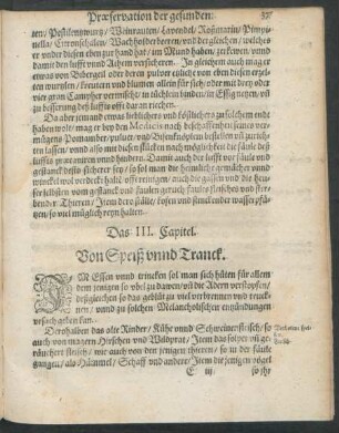 Das III. Capitel. Von Speiß unnd Tranck.