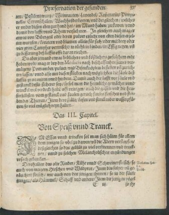 Das III. Capitel. Von Speiß unnd Tranck.