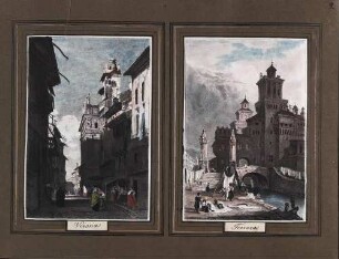 'Verona', Straßenansicht; aquarellierte Lithographie 'Ferrara', Teilansicht; aquarellierte Lithographie