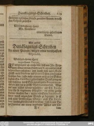 Ein ander Dancksagungs-Schreiben An einen patron, wegen eines verschafften Stipendii.