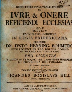 Dissertatio Inavgvralis Ivridica De Ivre & Onere Reficiendi Ecclesias