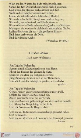 Czeslaw Milosz: Lied vom Weltende
