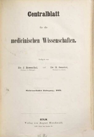 Centralblatt für die medicinischen Wissenschaften. 17, 17. 1879