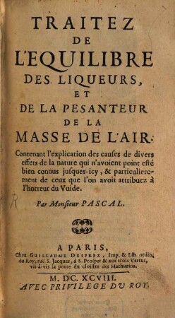 Traités de l'equilibre des liqueurs