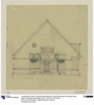 Potsdam Neubabelsberg, Projekt Wohnhaus für Friedrich Sarre, erster Vorentwurf, Skizzenblatt mit Aufriss der Hauptfassade